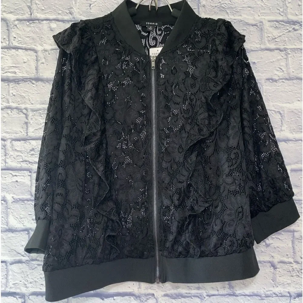 NWT Torrid Black Lace Ruffle Crop Bomber jacket - Picture 12 of 15